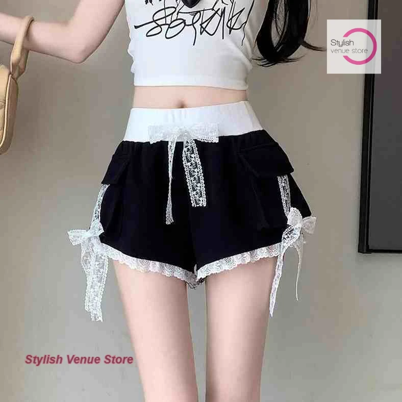 

Korean chic lace bow shorts women's summer new fashion high waist stitching design casual loose slim Joker straight pants.