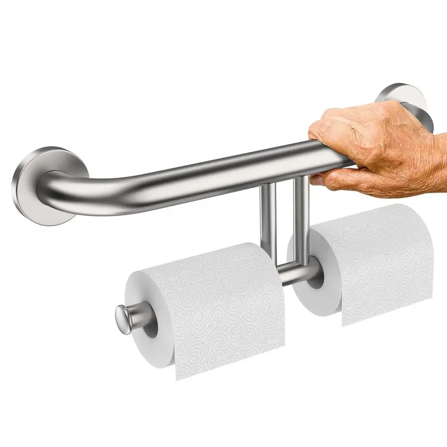 

Bar w Double Toilet Paper Roll Holder Brushed Nickel, Stainless Steel Shower Support Balanced Support Handle, Wall Mounted Safet