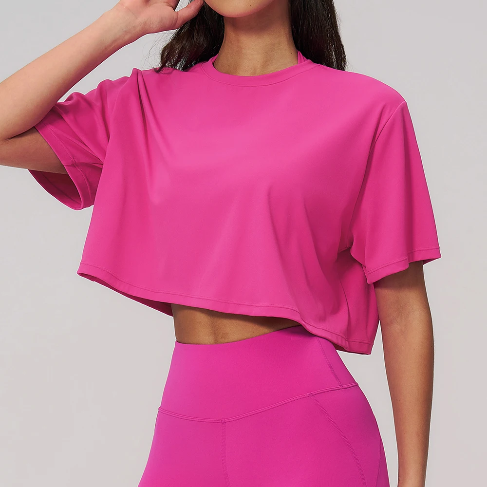Summer Sports Short-sleeved Yoga Wear Workout Crop Top Loose Round Neck Short T-shirt Running Fitness Top Breathable Yoga Shirt