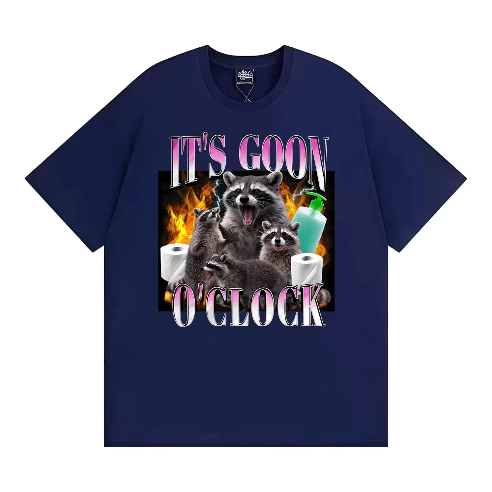 It's Goon O'Clock Raccoon Meme Printed T-shirt Men's Clothing Summer Vintage Street T Shirt 100% Cotton Loose Oversized T-shirts
