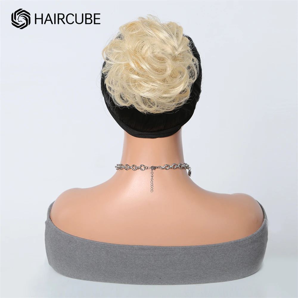 HAIRCUBE Human Hair Pieces Blonde Golden Rose Bud Messy Bun for Women Girls Hair Bun Extension Updo Curly Messy Bun Scrunchie