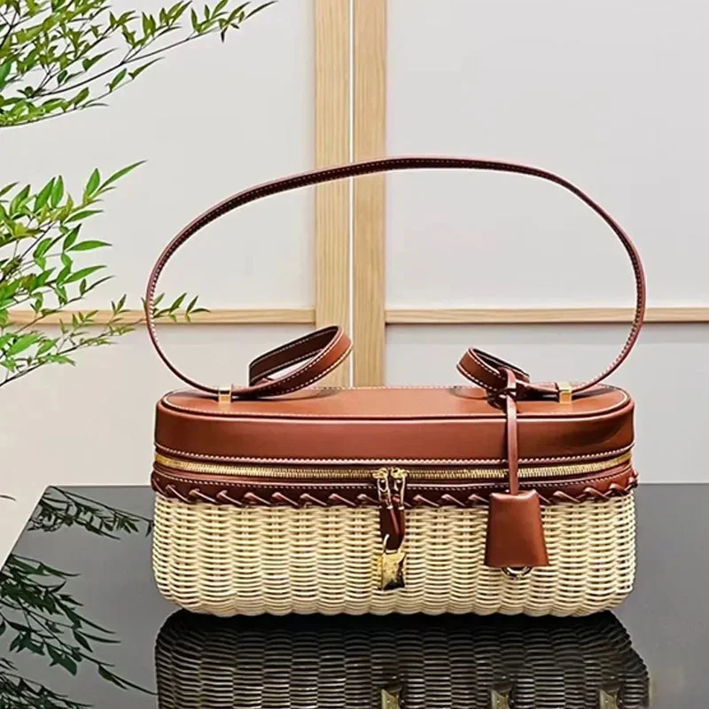 Handmade Rattan Bag Women Natural Bamboo Woven Shoulder Bag Cowhide Leather Handle Beach Picnic Tote Summer Holiday Purse