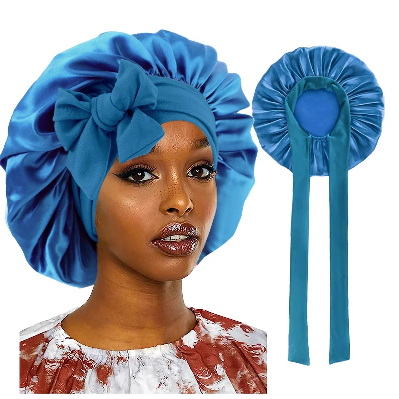 New Women Candy Color Satin Bonnet With Tie Band Elegant Bowknot Lace Up Sleeping Night Cap Elastic Bath Shower Cap Hair Bonnet