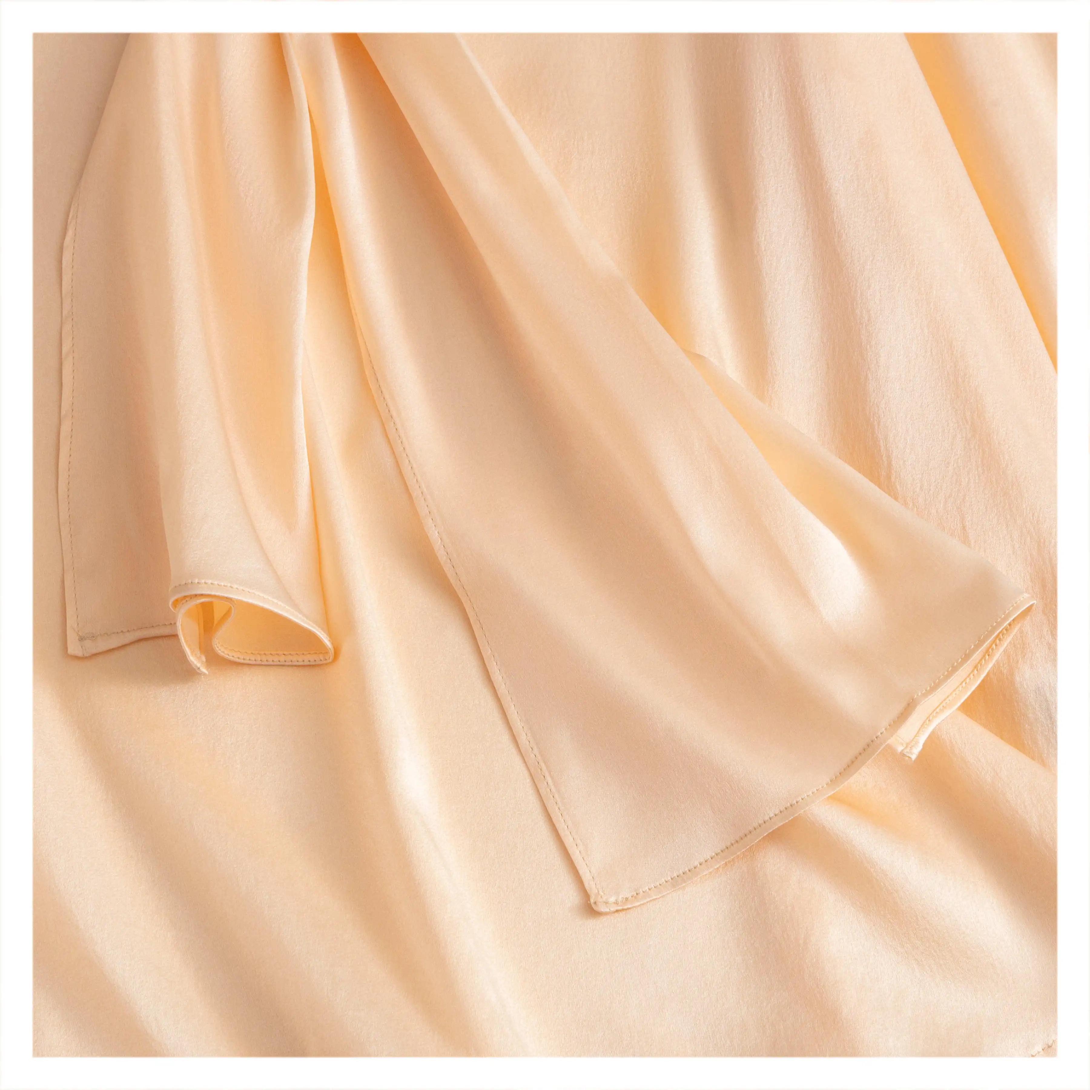 Women's Fashion 93% Natural Mulberry Silk Elastic Plain Satin Light Orange Solid Color Long Sleeve Float Versatile OL Style Top