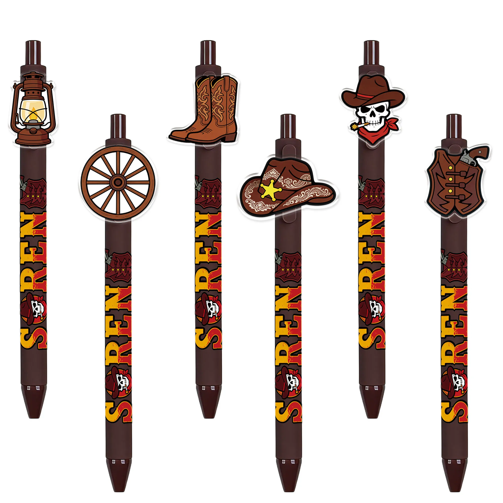 

6 PCS / 14 PCS Western Cowboy Pattern Ballpoint Pens - Retro Style Push-button Gift Pens - School Supplies