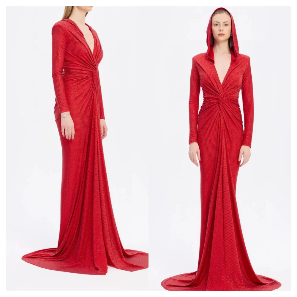 

Customized Temperament Red Jersey Evening Dress Formal V-Neck Long Sleeves Party Dress Classic Straight Floor Length Prom Dress