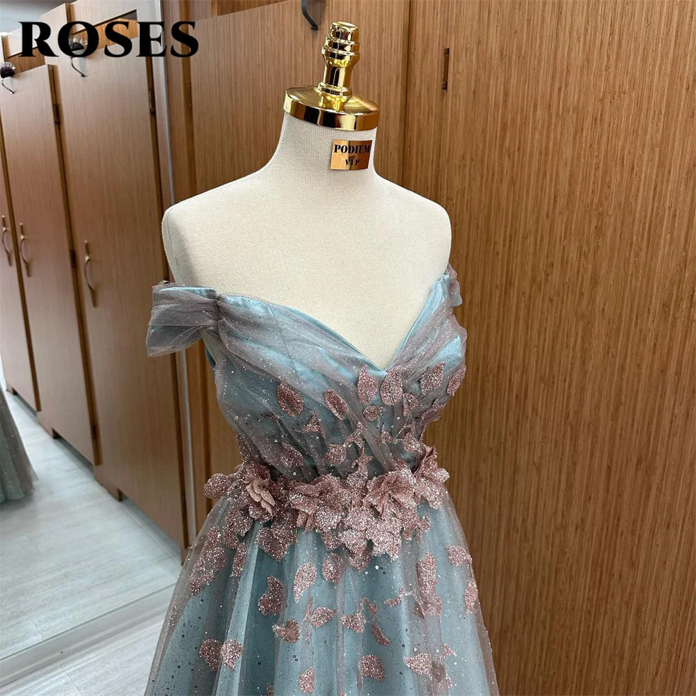 Rosen von der Schulter charmante Ballkleid Kleid Applikationen Spitze Abendkleid Pailletten Strand Tüll Abendkleid Vestidos de Noche