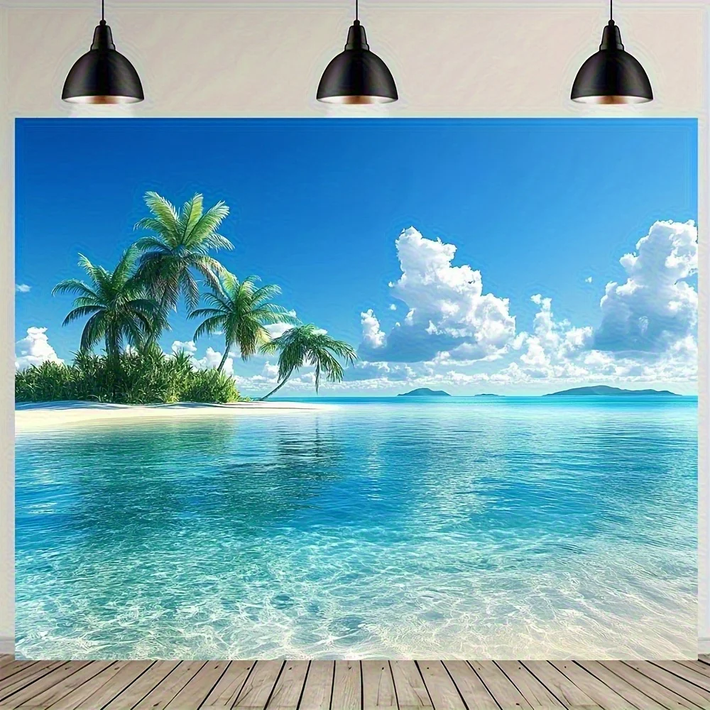 Gran Tapiz de Pared con Temática Playa - Diseño Océano Turqueso y Palmeras en Aguasa Cristalinas, Tejido Resistente 180-200gsm F
