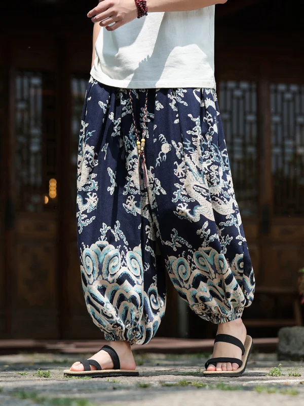 

Свободные спортивные брюки Harlan, новые китайские повседневные летние халаты с принтом дракона, удобные хлопковые молодежные брюки с высокой талией для активного отдыха