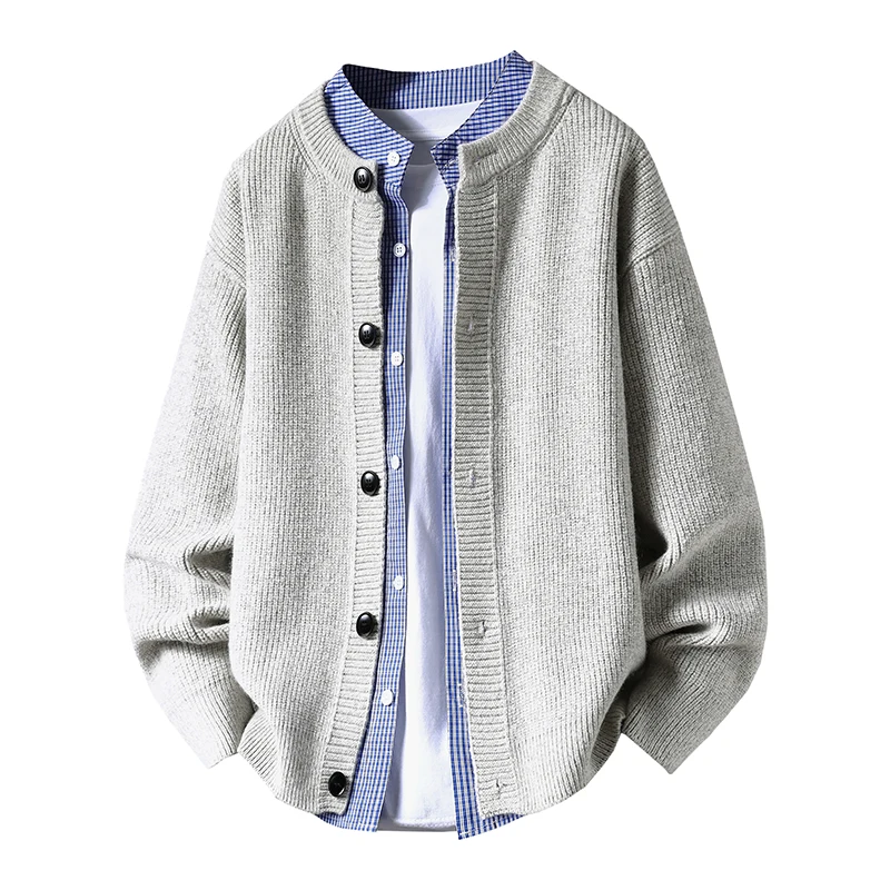 

Мужской повседневный вязаный кардиган свободного кроя, удобный, мягкий, средней плотности, с длинными рукавами, круглым вырезом, осенний вариант