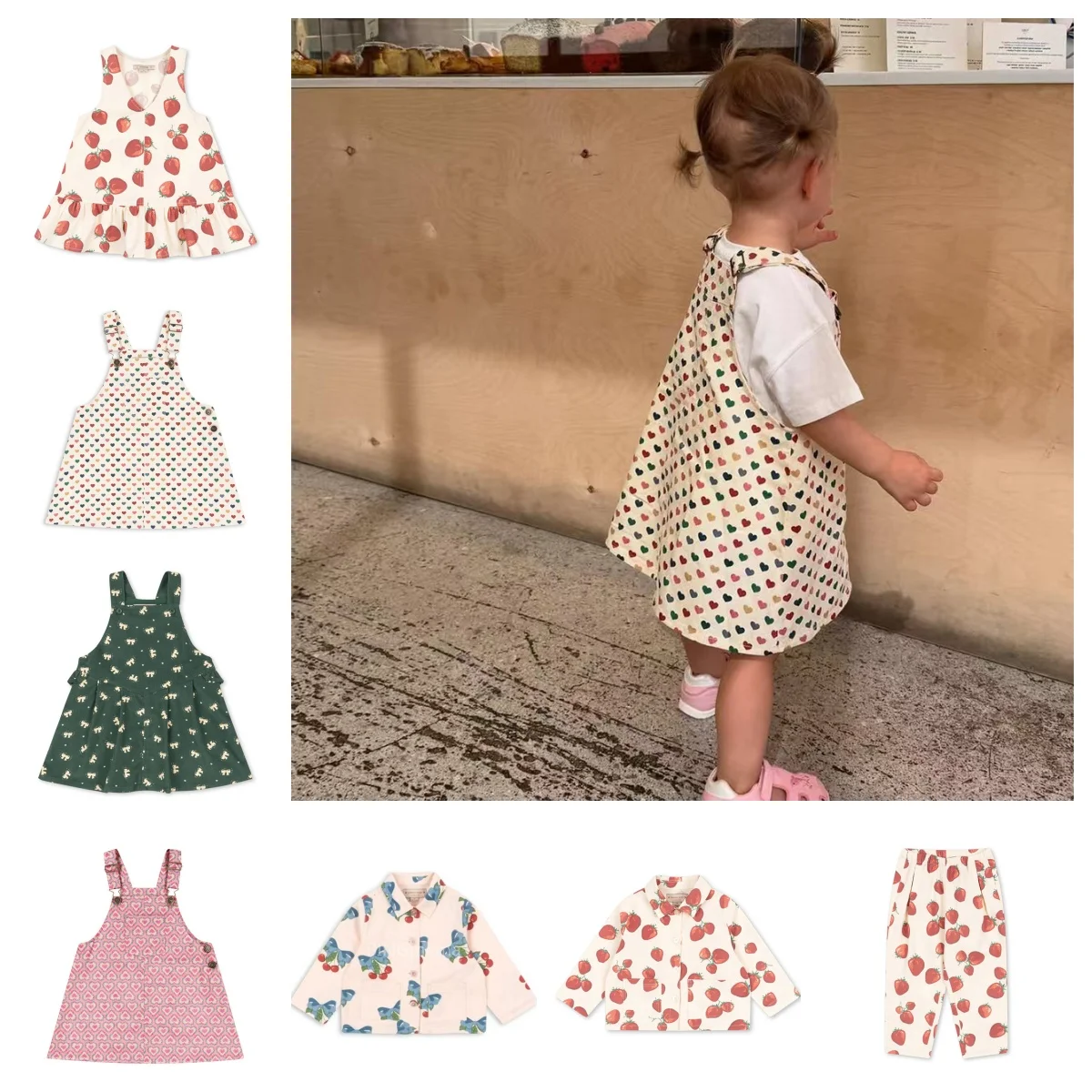 Summer 2026 Kids' Clothing Dress Pink Purple Double Heart Overalls Strawberry Jacket Cherry Long Pants Shirt Set New Arrival