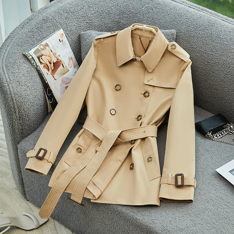 Trench da donna con bottoni doppi con cintura Cappotto medio lungo color kaki Giacca a vento femminile Giacche invernali di marca di alta qualità