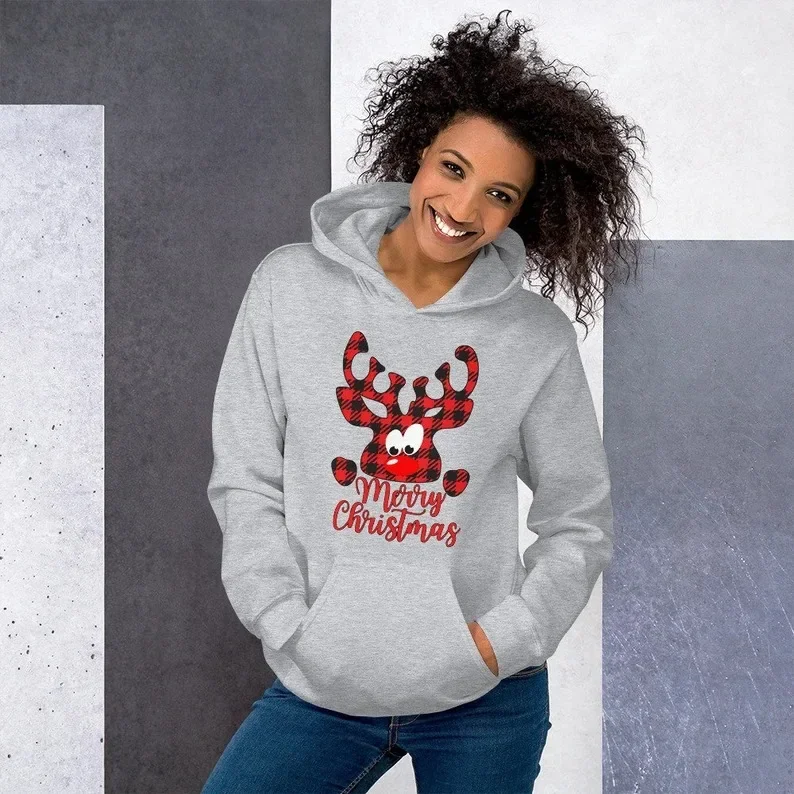 Merry Christmas Winter Women\'s Cotton Fleece Hoodies Reindeer Print Sweatshirt Festival Holiday Clothing High Quality Top