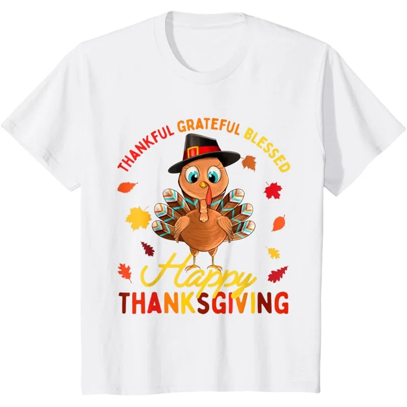 Thankful Grateful Blessed Thanksgiving Turkey Women Girls T-Shirt