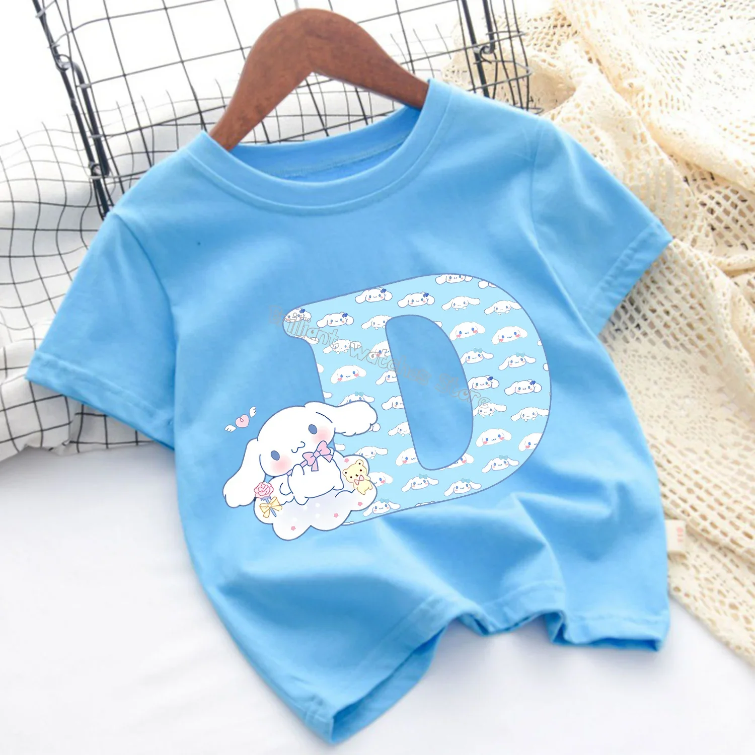 Cinnamoroll 26 Letters T-shirt Children Sanrio Cartoon T-shirt Fashion Blue Short Sleeve Cute Anime Loose Clothing Kids Tee Gift