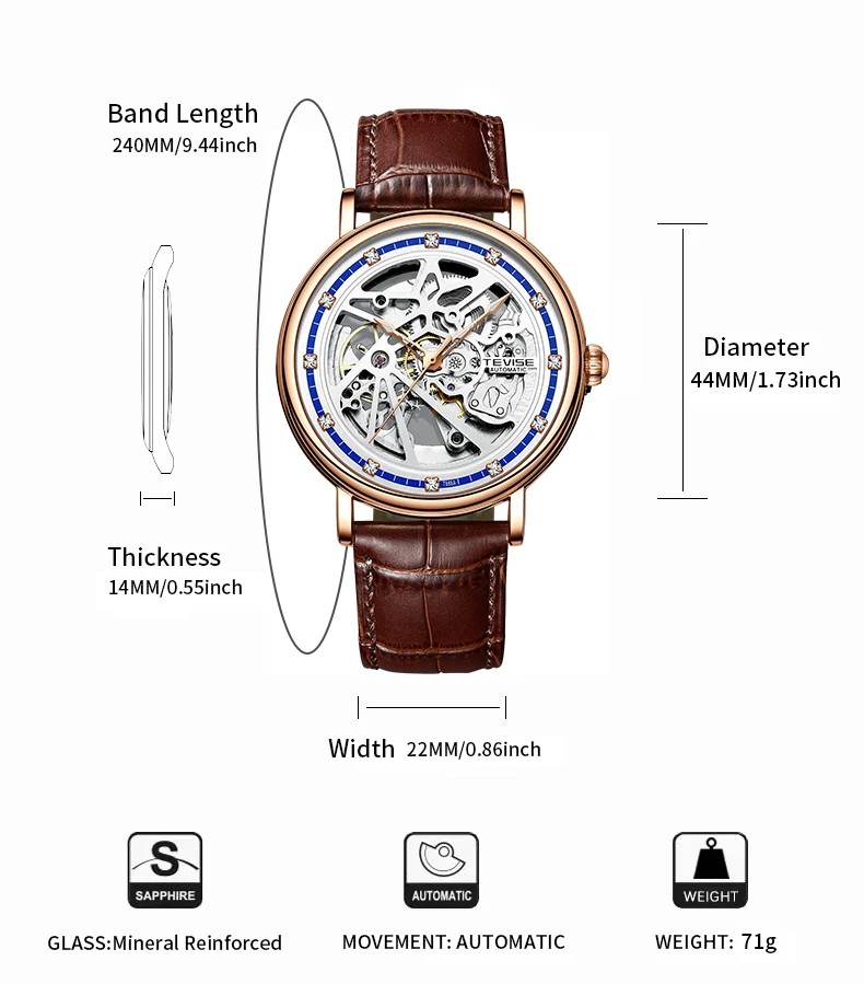 TEVISE автоматические механические часы часы со скелетом для мужчин кожаный ремешок модные повседневные деловые часы