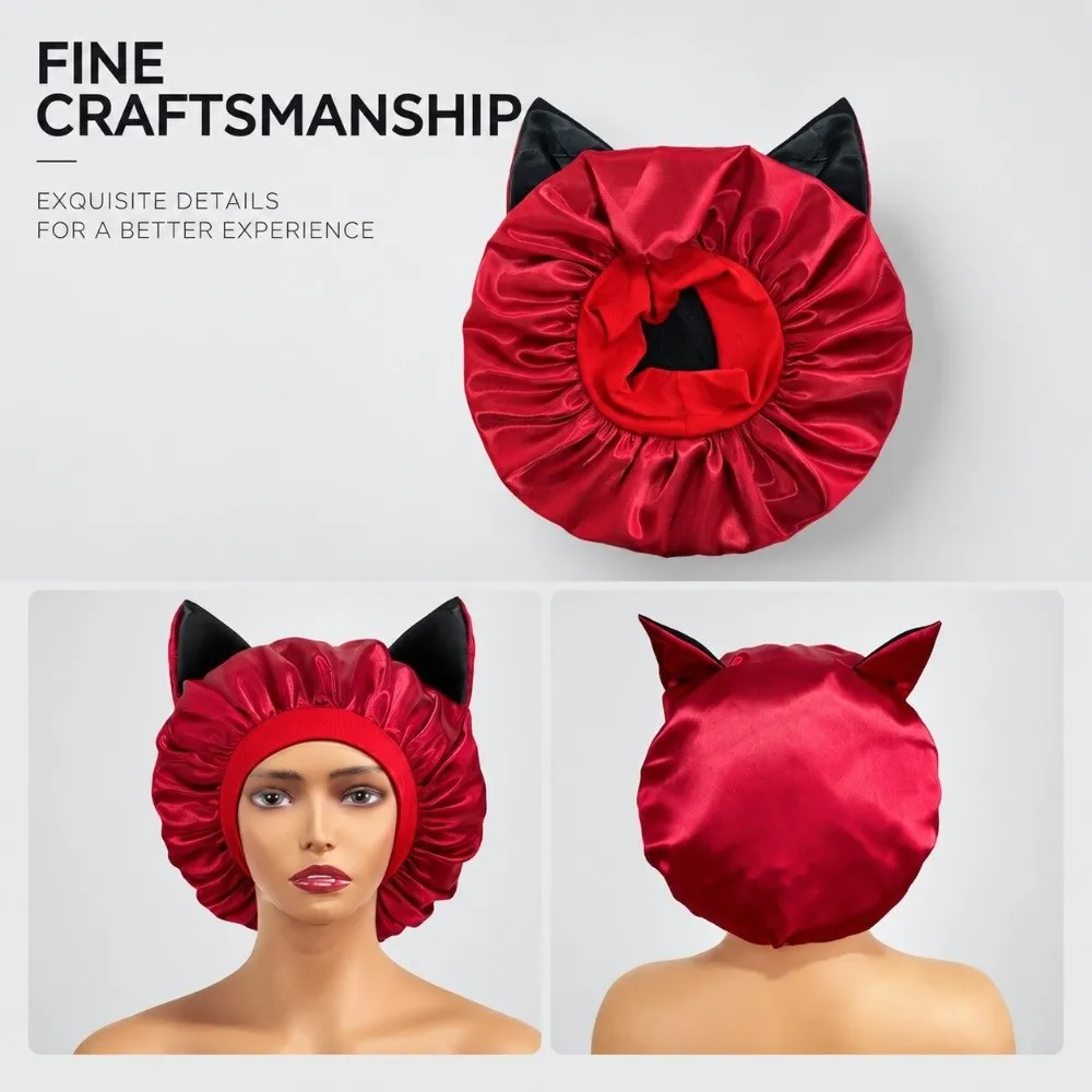 New Silky Smooth Satin Hair Bonnet Breathable Lightweight Cat Ear Sleep Cap Anti Frizz Soft Hair Protection Hat Night Sleep