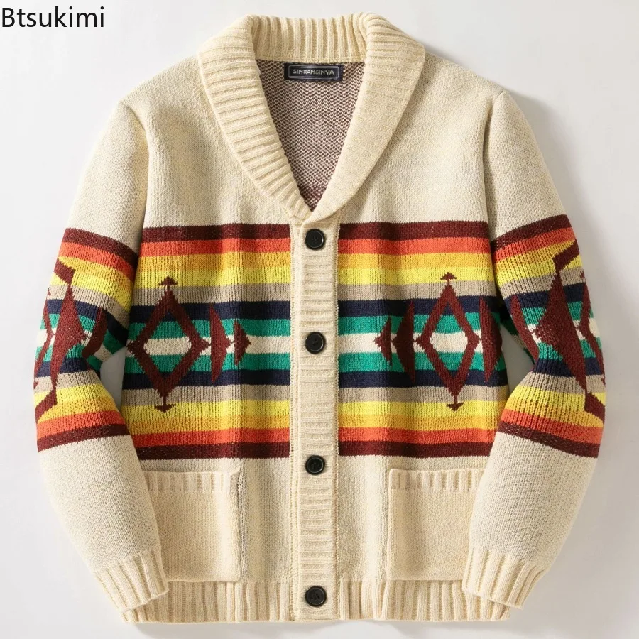 New Men Shawl Lapel Striped Jacquard Cardigan Long Sleeve Button Front Ethnic Knit Sweater Autumn Winter Casual Daily Warm Coat