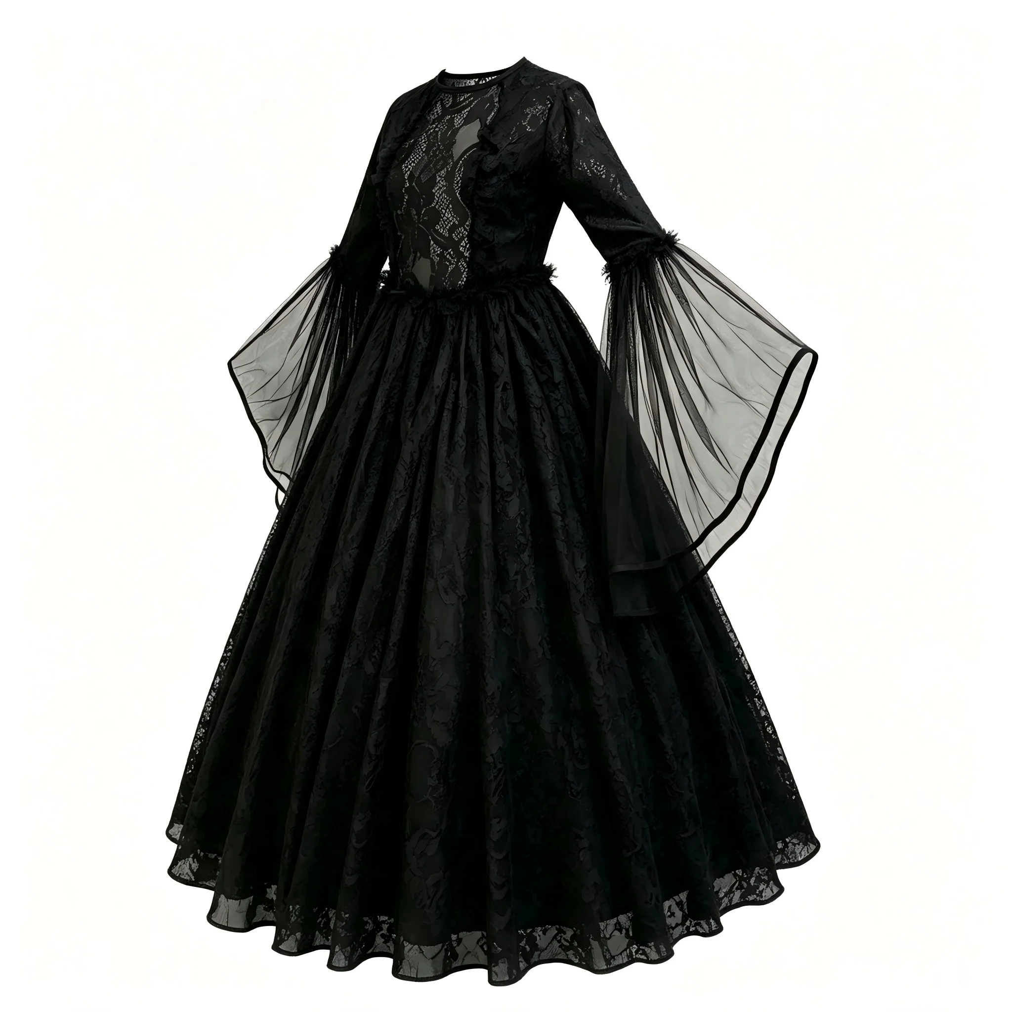 Schwarzes Gothic-Spitzenkleid für Mädchen, Langes Kleid mit Transparenten Glockenärmeln, Hexen- und Vampirkostüm für Halloween, Cosplay und Themenpartys – Detail 4