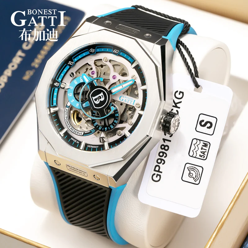 

BONEST GATTI Brand Automatic Mechanical Men Watch Casual Sport Wristwatch Luminous Clock Stainless Steel Watches For Men