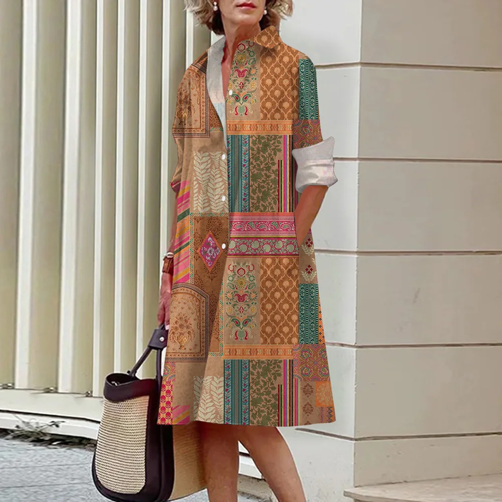 Fashion Vintage Splicing Printed Shirt Dress Women Elegant Long Sleeve Button Up Commuter Dresses Loose A-Line Cardigan Dress