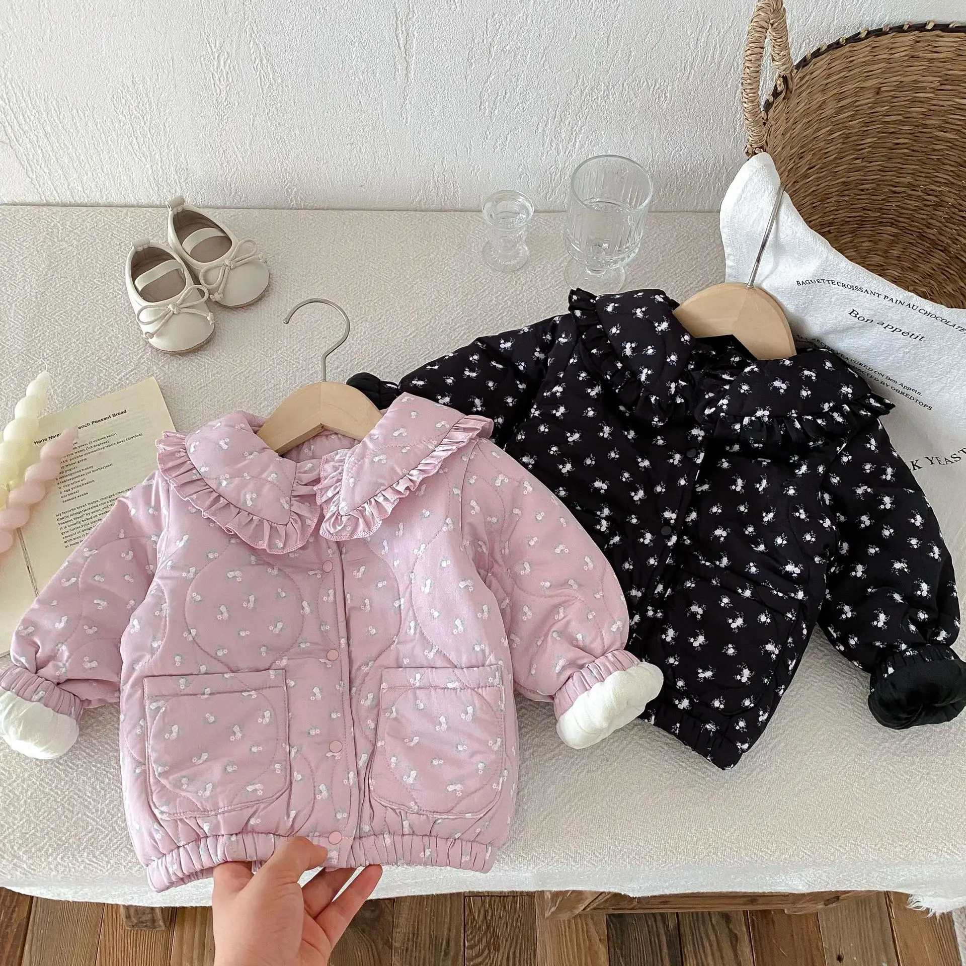 

Sweet Girls Floral Print Velvet Outerwear Autumn Winter Cotton Padded Jacket Kids Single-breasted Thickened Warm Coats