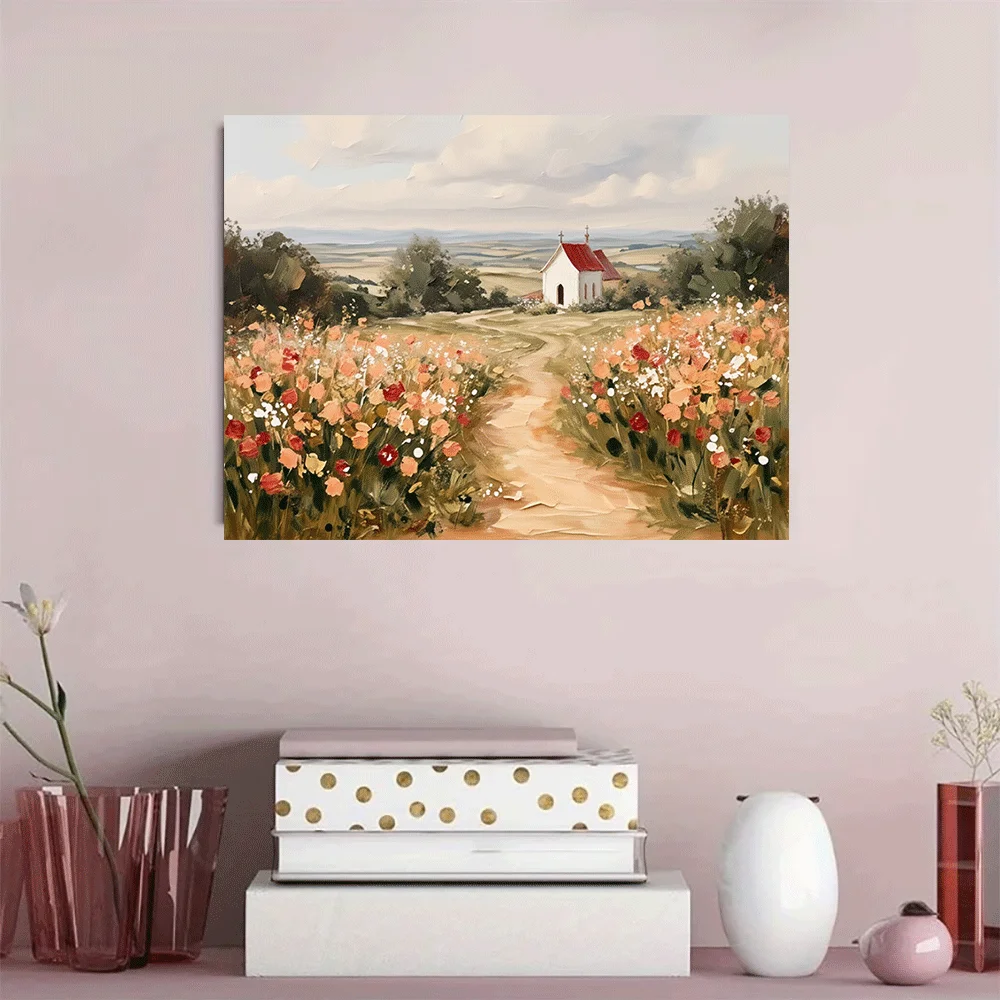 1PC-Unframed Canvas poster wall decoration  Flower Field Path To Small Church Landscape Art Print