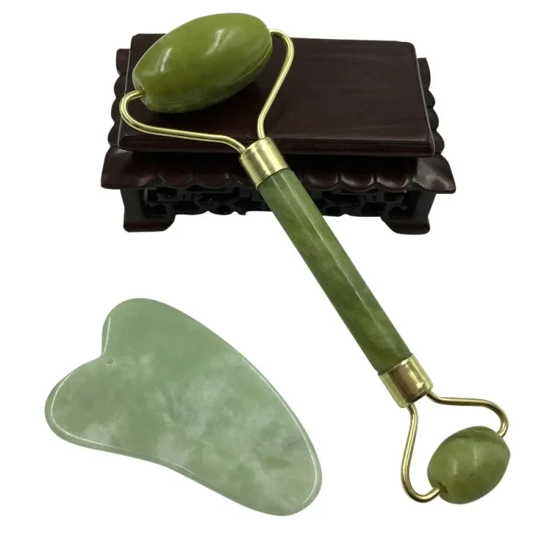 2 in 1 Natural Facial Massager Double Head Facial Roller for Face Care and Gua Sha Massage Tool Anti-aging Natural Jade Set