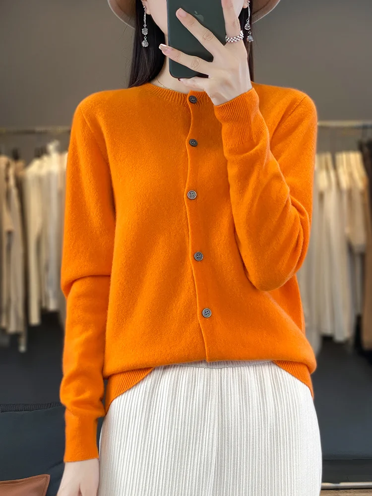 Basic O-Neck 100% Merino Wool Sweater Women Knitted Cashmere Cardigan Spring Autumn Female Knitwear Clothing Tops