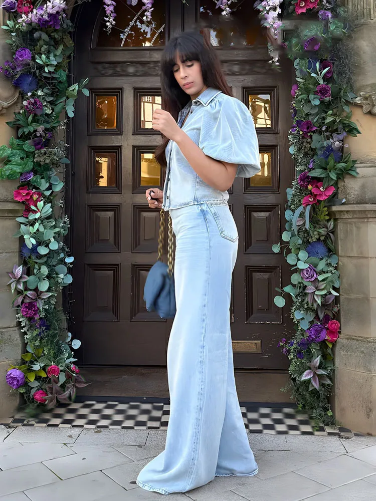 HH Traje de pantalones vaqueros lisos para mujer, camisas holgadas con solapa y un solo pecho + pantalón de pierna ancha con bolsillo lateral de cintura alta y cremallera, 3 colores