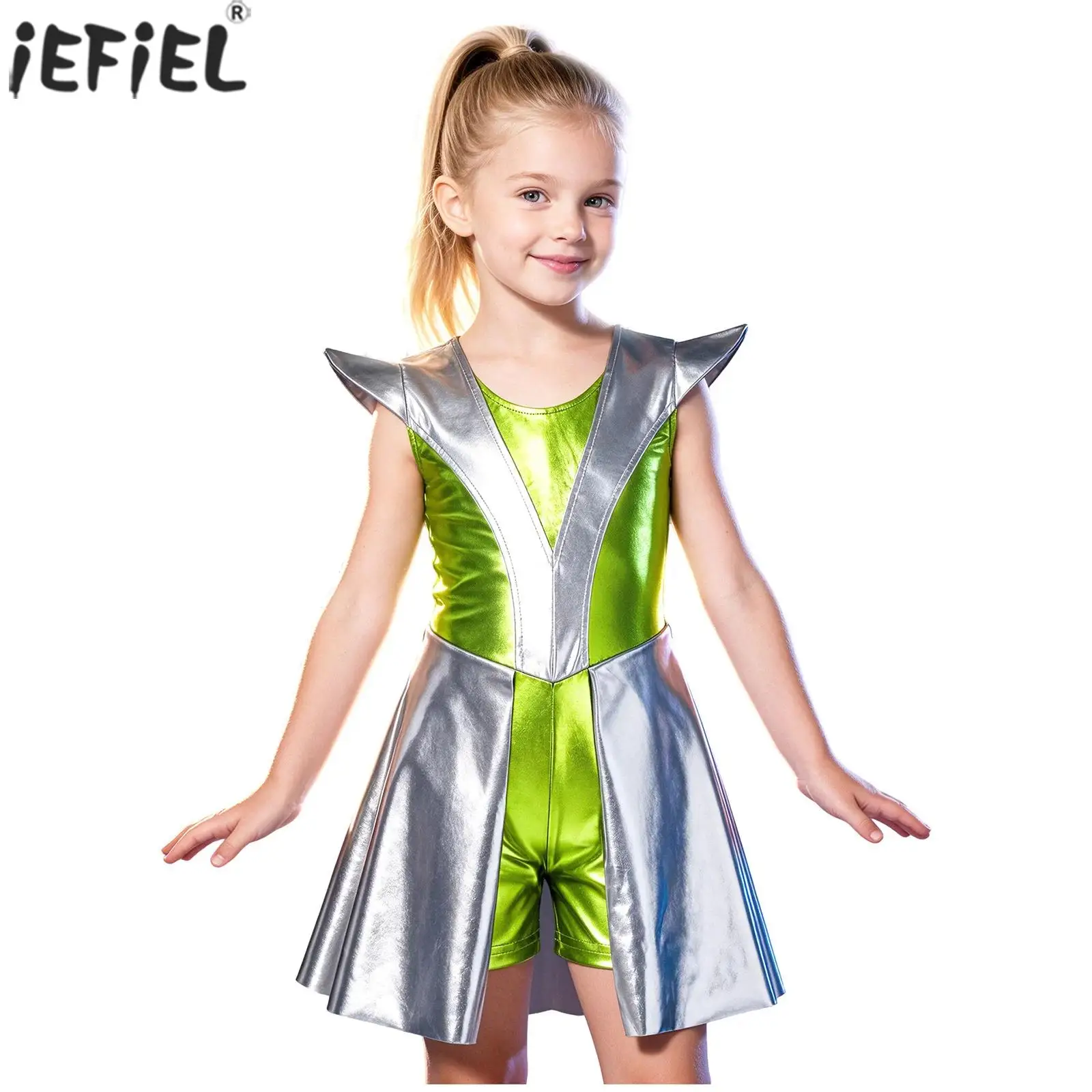 Kids Girls Alien Costume Cap Sleeve Color-blocked Metallic Skirted Bodysuit for Halloween Role Play Outer Space Theme Party