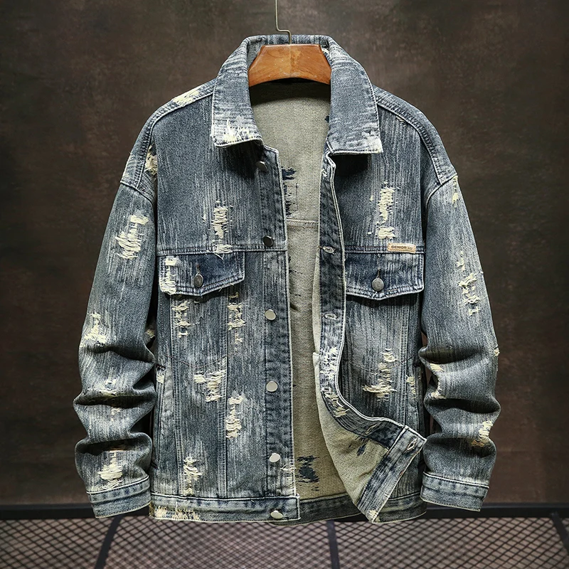 Blue Vintage Worn Looking Washed-out Worn Denim Coat for Men 2024 New Fashion Trendy Loose Y2K Jacket