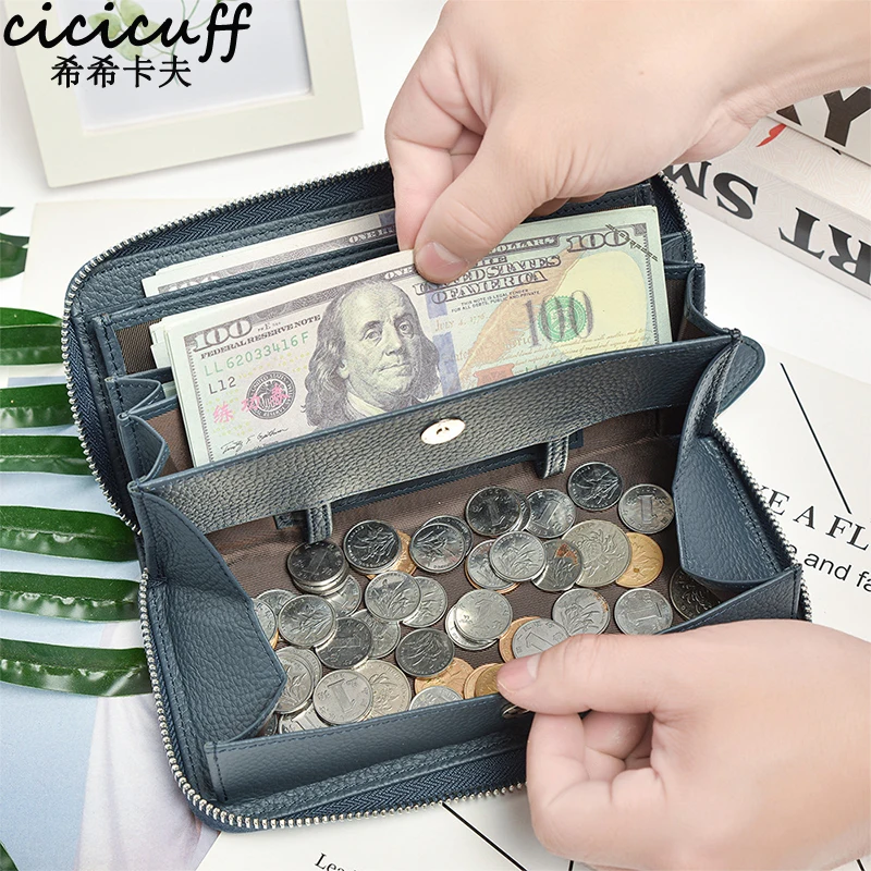 

Brand Women Clutch Wallets Luxury Zipper Genuine Leather Long Purse RFID Blocking Large Capacity Cowhide Phone Wallet for Female