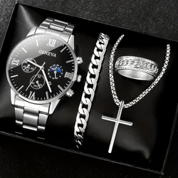 Men's 4pcs Fashion Set: Casual Quartz Watch With Calendar, Silvery Cross Pendant Necklace, Ring&Bracelet - Perfect Gift For Him