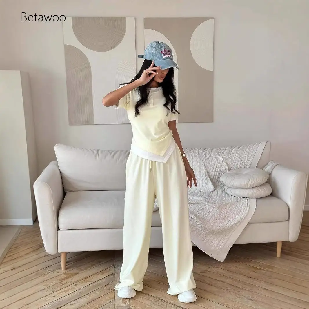 Heather Gray Two-Piece Set Short Sleeve Asymmetrical Top & High Waist Wide Leg Pants Casual Loungewear Outfit