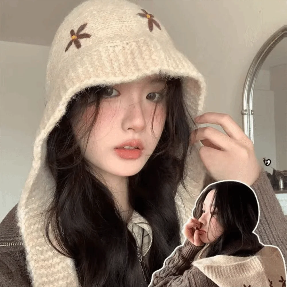 

Sweet Knitted Balaclava Hat Woolen Embroidered Flowers Neck Collar Beanies Cap Keep Warm Ear Protection Pullover Cap Outdoor