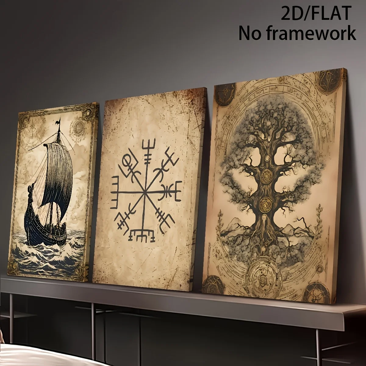 2D plat 2D/FLAT 3 pièces toile imprimée décorative Vintage, arbre de vie Vintage, symboles païens nordiques, affiche de navire Viking, A