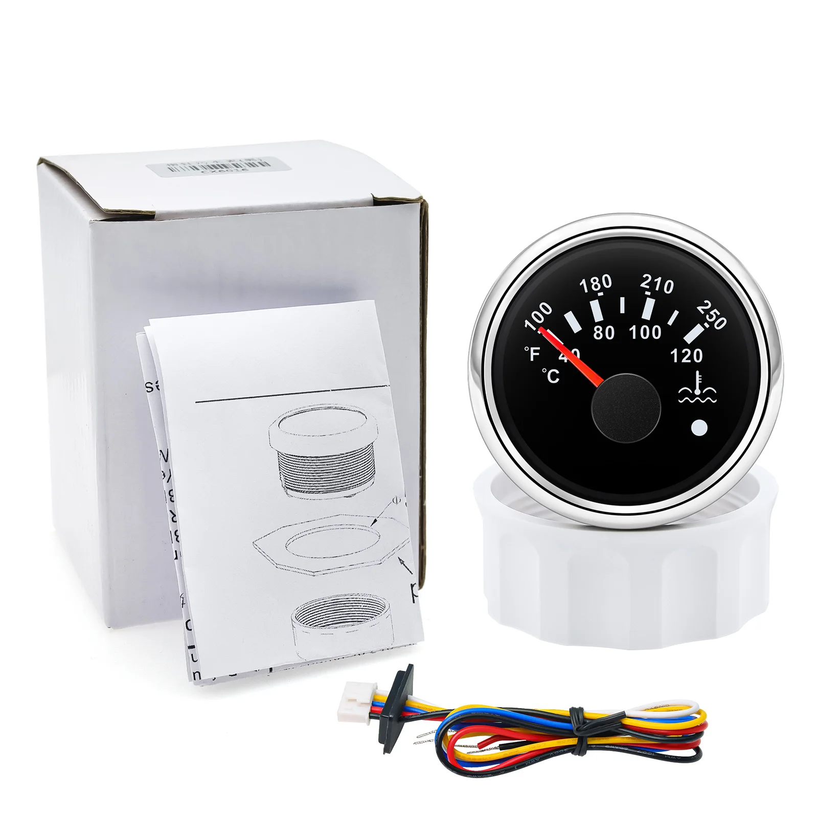 40~120 ℃ ,100~250 ℉   Medidor de temperatura del agua LED de 7 colores 52 mm Medidor de temperatura del agua con alarma intermitente para motor de barco de automóvil 12 V 24 V