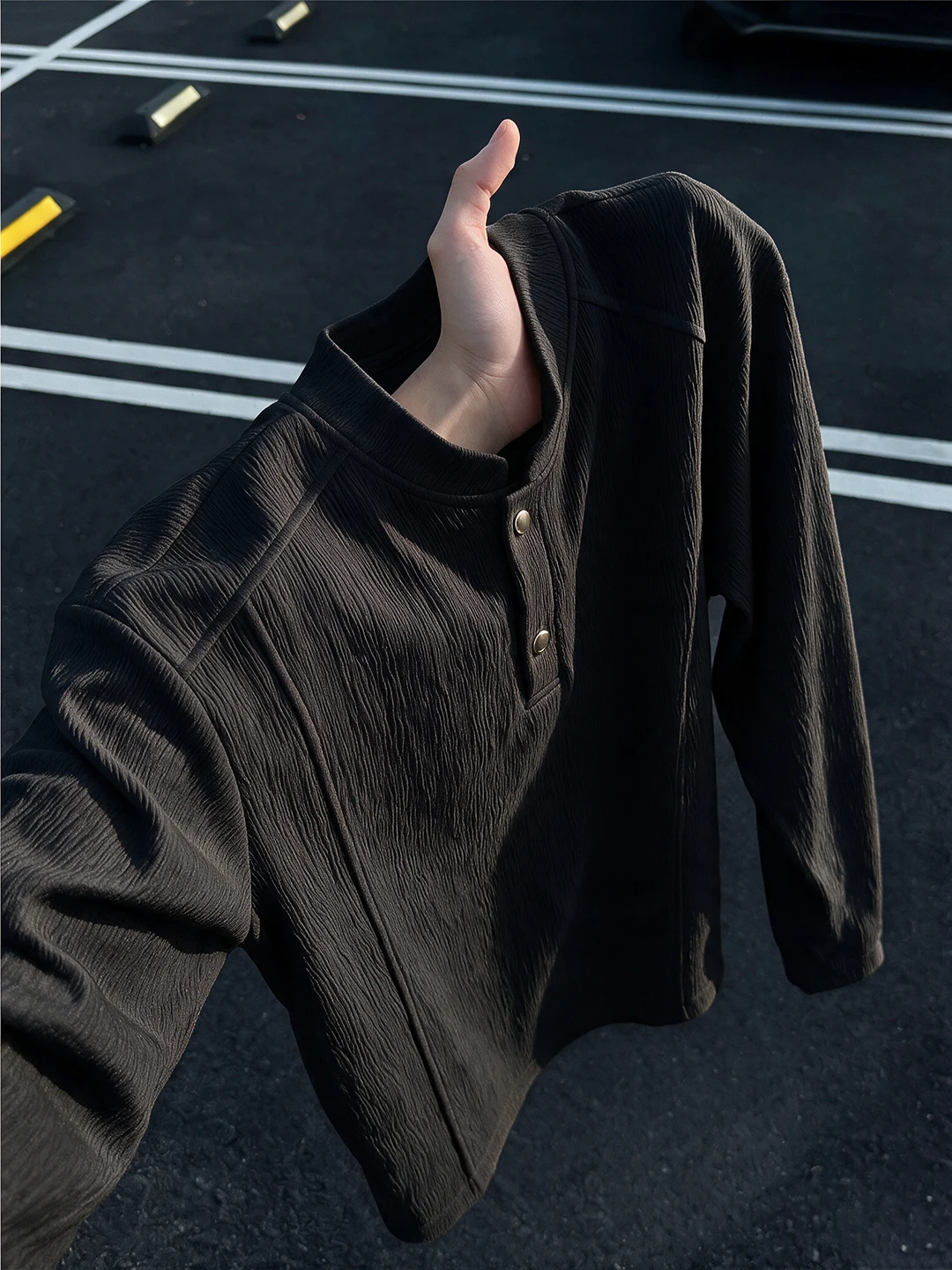 White Long Sleeve Henry Collar T-Shirt Men's Autumn High Fashion Sensation Inner Wear American Style Shoulder Stand Collar Top