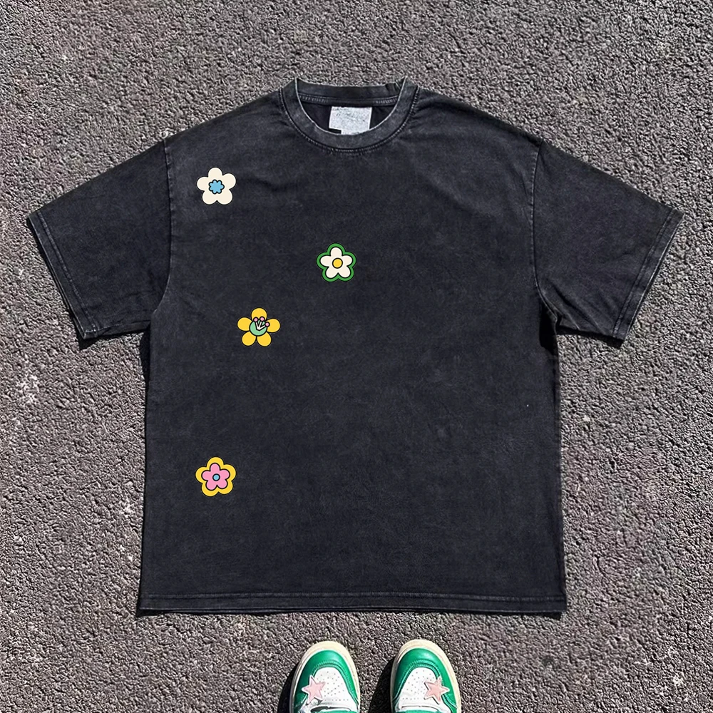Heavier 260G Short Sleeve T-Shirt with Front And Back Small Flowers Spring Summer Versatile Oversize Fashionable Sun Protecti...