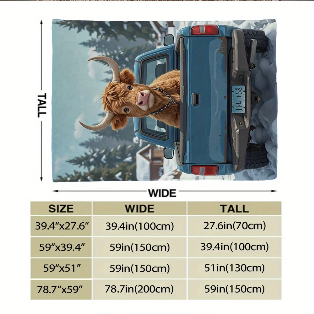 Cute Highland Cow Truck Scene Blanket 150x200cm Large Cozy Fleece Throw Pillow Decor Winter Gift for Sofa Bed