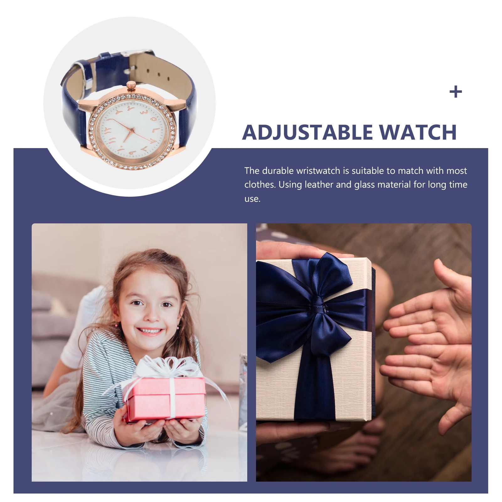 

Rhinestone Women Watch Lightweight Blue PU Strap Adjustable Quartz Wristwatch Decorative Ladies Timepiece Gift