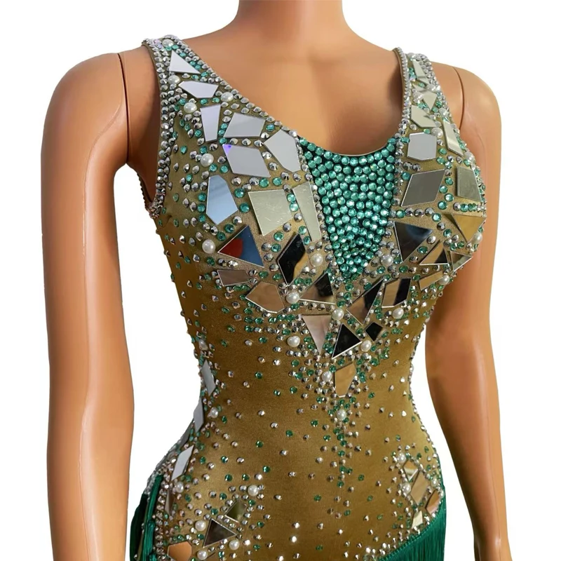 Spiegel Strass Sänger Fransen Kleid Nachtclub Jazz Dance Kostüm Frauen Leistung Feiern Abendkleider XS10197