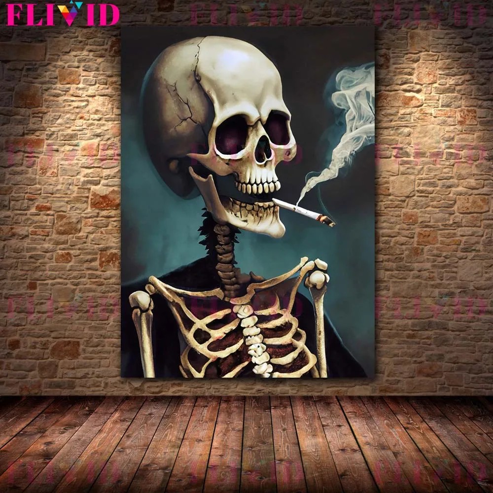 Smoking Skeleton Gothic Wall Art Canvas Painting Flaming Skeleton Vintage Abstract Art Poster And Print Home Decoration Unframed
