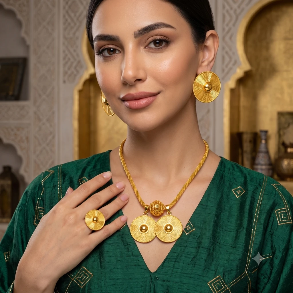Luxuriöse Dubai 24k vergoldete Schmucksets für Frauen Äthiopisches Indisches Braut-Halsketten- und Ohrring-Set Hochzeitsgeschenk – Detail 1