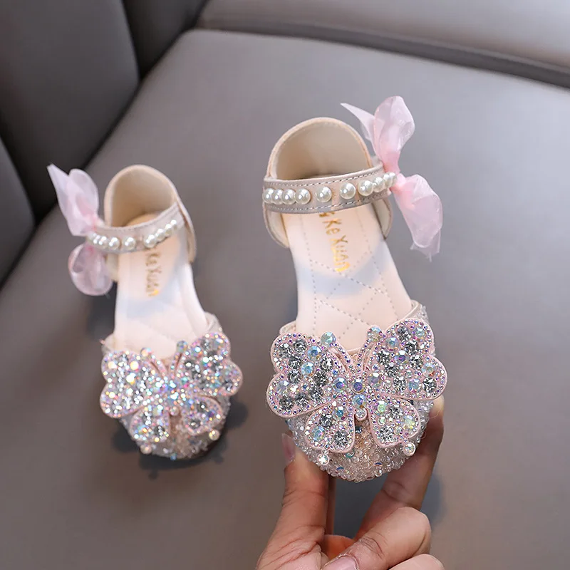 

2024 Girls Princess Sandals Summer New Baby Pearl Rhinestones Bow Sandals Fashion Non-slip Flat Children's Party Shoes J254