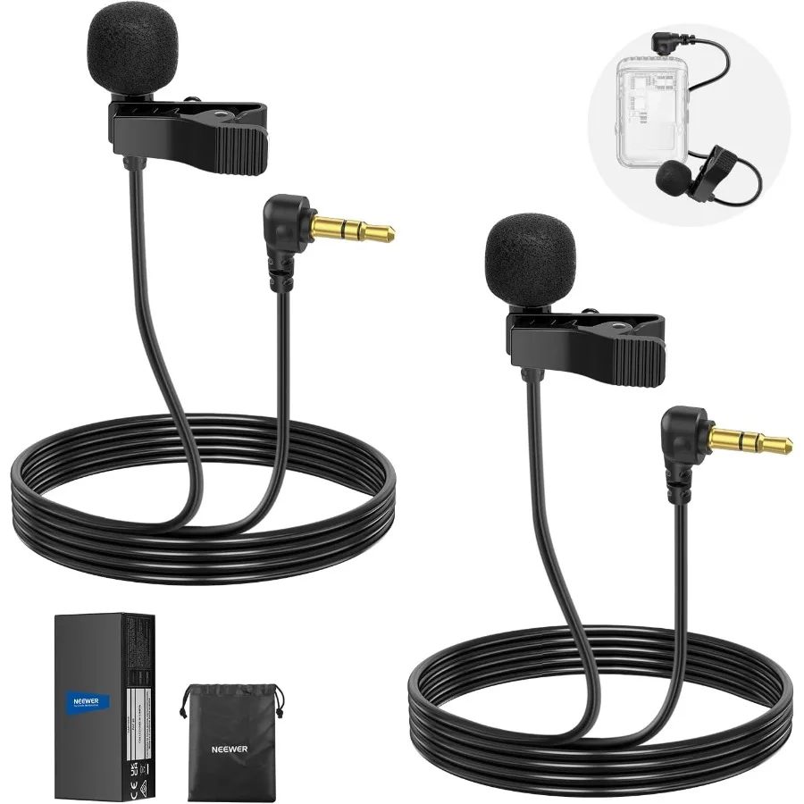 

NEEWER Mini Lavalier Microphone 2 Pack 6.6ft 2m Clip On Wired Condenser Lapel Lav Mic with 3.5mm TRS Connector Compatible with