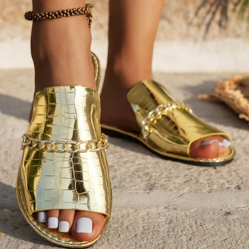 Sandals for Women 2025 New Summer Fashion Casual Versatile Open Toe Slippers Women's Chain flat Sandals Shoes Large Size 36-43