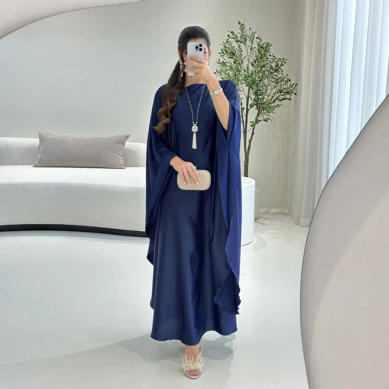 

Spring Fashion Satin Party Dress Robe Abaya Muslim Women Elegant Solid Round Neck Bat Sleeves Loose Maxi Dress Women