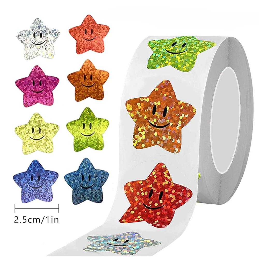 500pcs/Roll Glitter Star Smile Stickers Colorful Cartoon Decal DIY Luggage Scrapbook Laptop Cute Seal Label Reward Sticker Toy